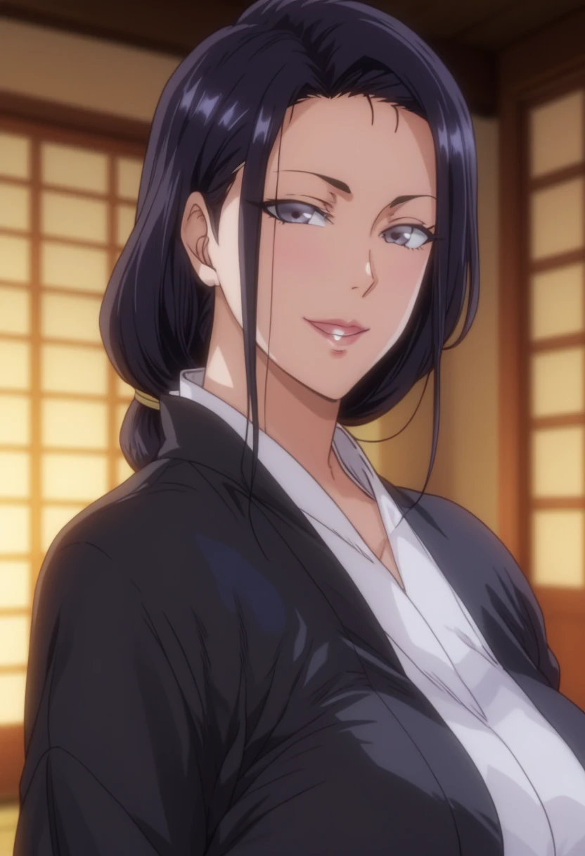 Look up、 Black Kimono、( mature woman :1.4)、Poisonous woman 、50 years old、Captivating smile、 black hair、 up hair 、Married women、 de emphasizing trust 、Japanese-style room Unohana retsu Shinigami captain shihakushō apart from using an obi instead of the normal sash, which hides her well-endowed breasts. Her hair is long and is always worn as a large brai Bleach、bleach thousand -year blood war、