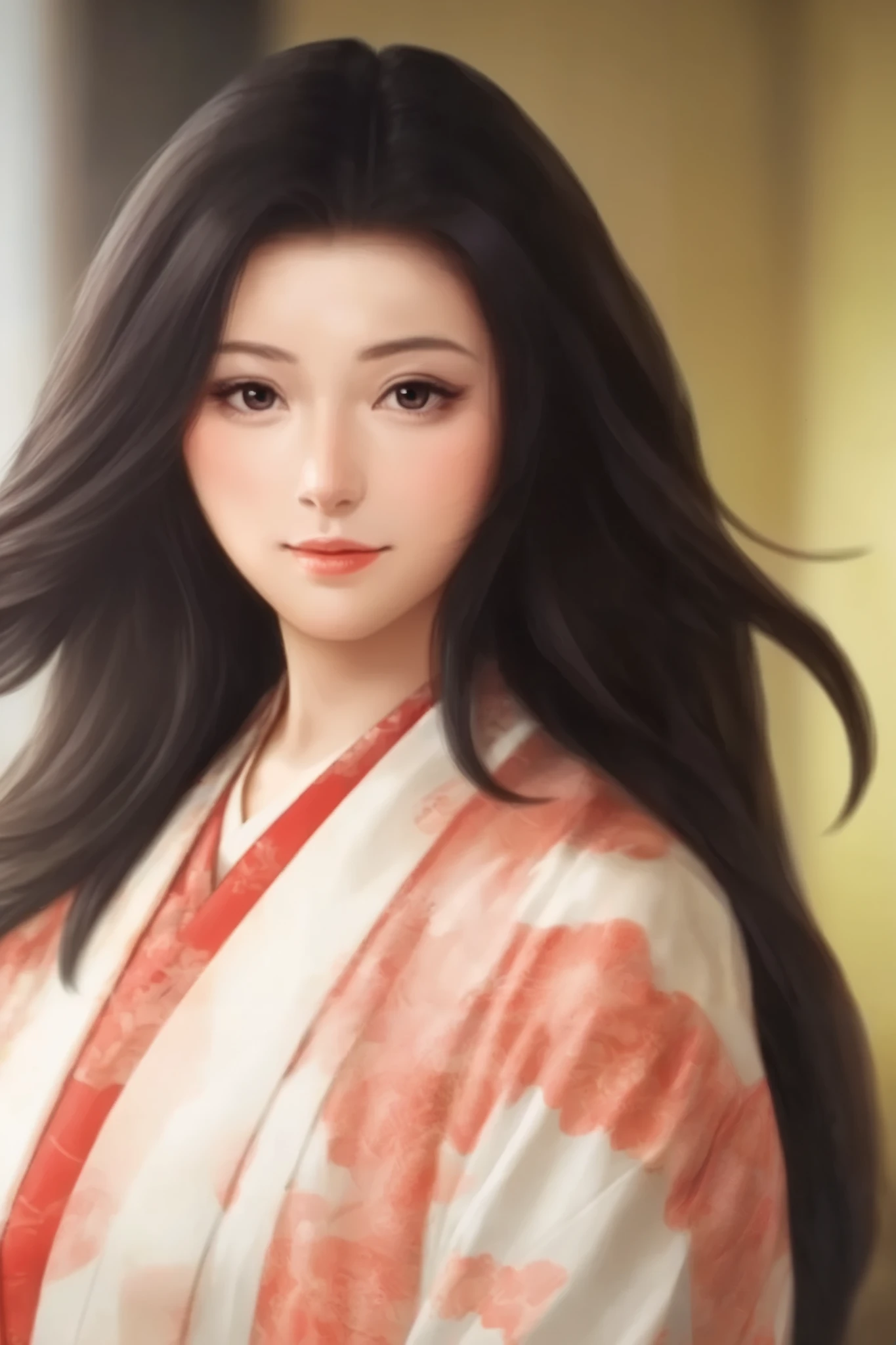   beautiful woman、Old-fashioned Japanese-style room in the morning 、   upper body only、The light in your eyes、 curly eyes  、Two-dimensional elements  、Glamorous face 、 fun face、  black wave long hair 、  big eyes、  low angle、 Big Breasts 、Wear a thin white kimono、  Beautiful breasts 、 attractive breasts、 open chest 、 Apply red makeup around the eyes