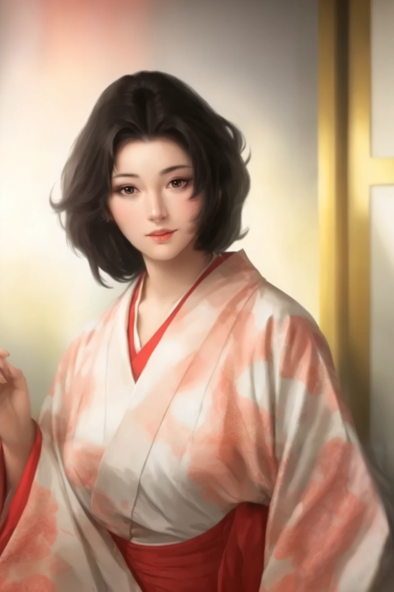   beautiful woman、Old-fashioned Japanese-style room in the morning 、   upper body only、The light in your eyes、 curly eyes  、Two-dimensional elements  、Glamorous face 、 fun face、  black wave long hair 、  big eyes、  low angle、 Big Breasts 、Wear a thin white kimono、  Beautiful breasts 、 attractive breasts、 open chest 、 Apply red makeup around the eyes