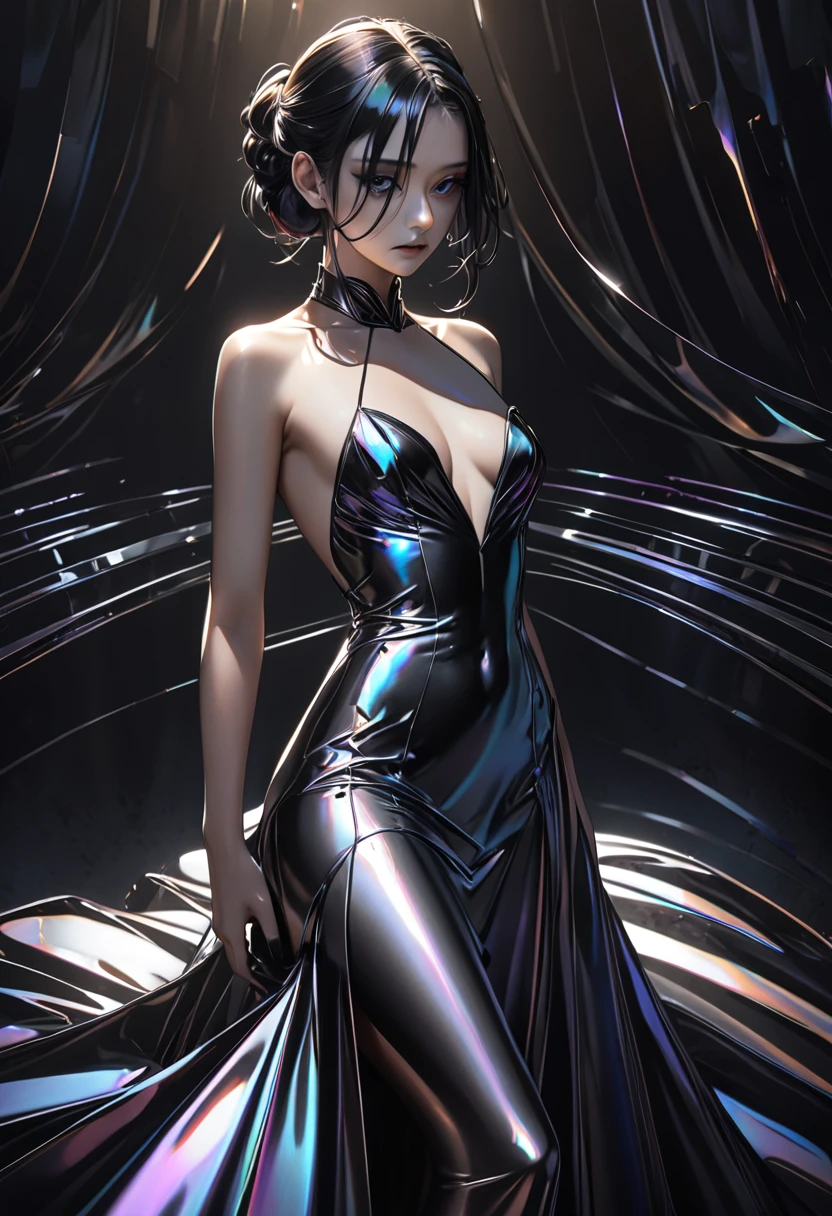 1girll,Backless dress,Expose your back,facing away from the audience,looking behind,in a large hall,gigantic cleavage breasts