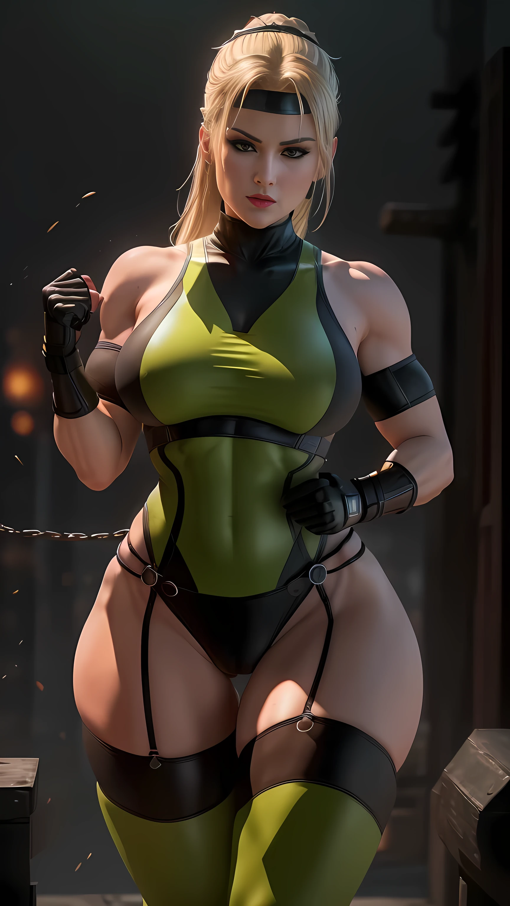 Sonya Blade from Mortal Kombat, b2ra, gar2bel, pan2ties, th2hi, full body, dynamic background, big breasts, ass, from back, cameltoe view, cameltoe, with beautiful detailed eyes, lips, and face. (best quality,4k,8k,highres,masterpiece:1.2), ultra-detailed, (realistic,photorealistic,photo-realistic:1.37), HDR, UHD, studio lighting. The colors should be vibrant and intense, with a slight greenish tone to represent the iconic Mortal Kombat aesthetic. The lighting should emphasize her features, casting strong and dramatic shadows on her face.