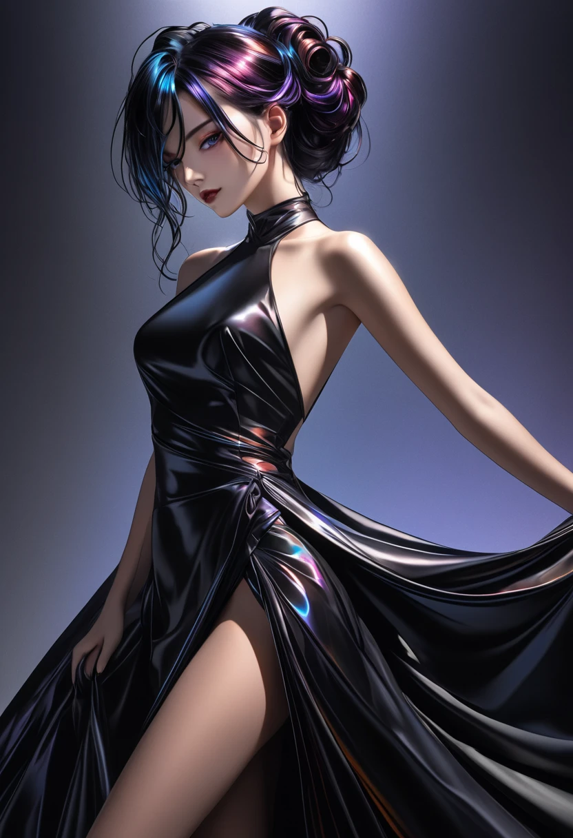 absurdres, RAW photo, extremely delicate and beautiful, masterpiece, Best Quality, ultra high resolution, 32k, hyperrealistic, ultra-detailed, perfect anatomy, anatomically correct, perfect figure, super Detailed skin, 20 years old, very Slim body, narrow waist, very small head, very small face, delicate facial features, detailed face, detailed eyes, tearful mole, earring, thin legs, bare legs, very huge round breasts, short medium hair, ((wavy hair)), wet clothes, ((black gorgeous long dress)), ((regalia)),