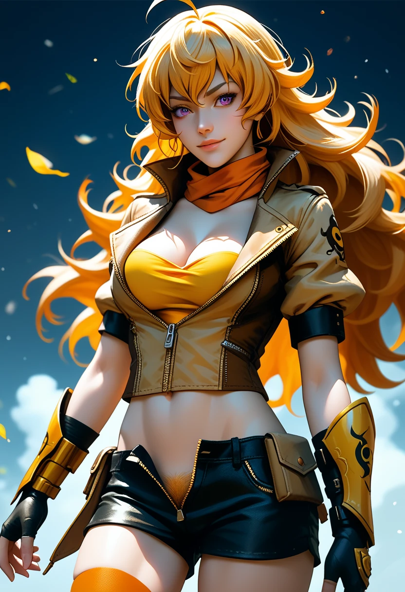 (Yang Xiao Long) from "RWBY", rwbyyangs1, brown jacket, short sleeves, vambraces, black gloves, fingerless gloves, (unzipped black shorts:1.42), ((yellow pubic hair peeks out)), orange thighhighs, single thighhigh, orange scarf, midriff, cleavage 