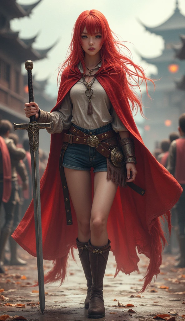 Whole body expression、Female warrior、One woman、24 years old、24 years old、 Japanese、 An Extraordinary Beauty、 long eyes 、upturned almond-shaped eyes、slender eyes、 narrow eyes、Red Hair、With bangs、Having a lot of hair、Wear 、 Shorts 、 long boots、Short cloak、Equipped with a sword、 background is a medieval city 、