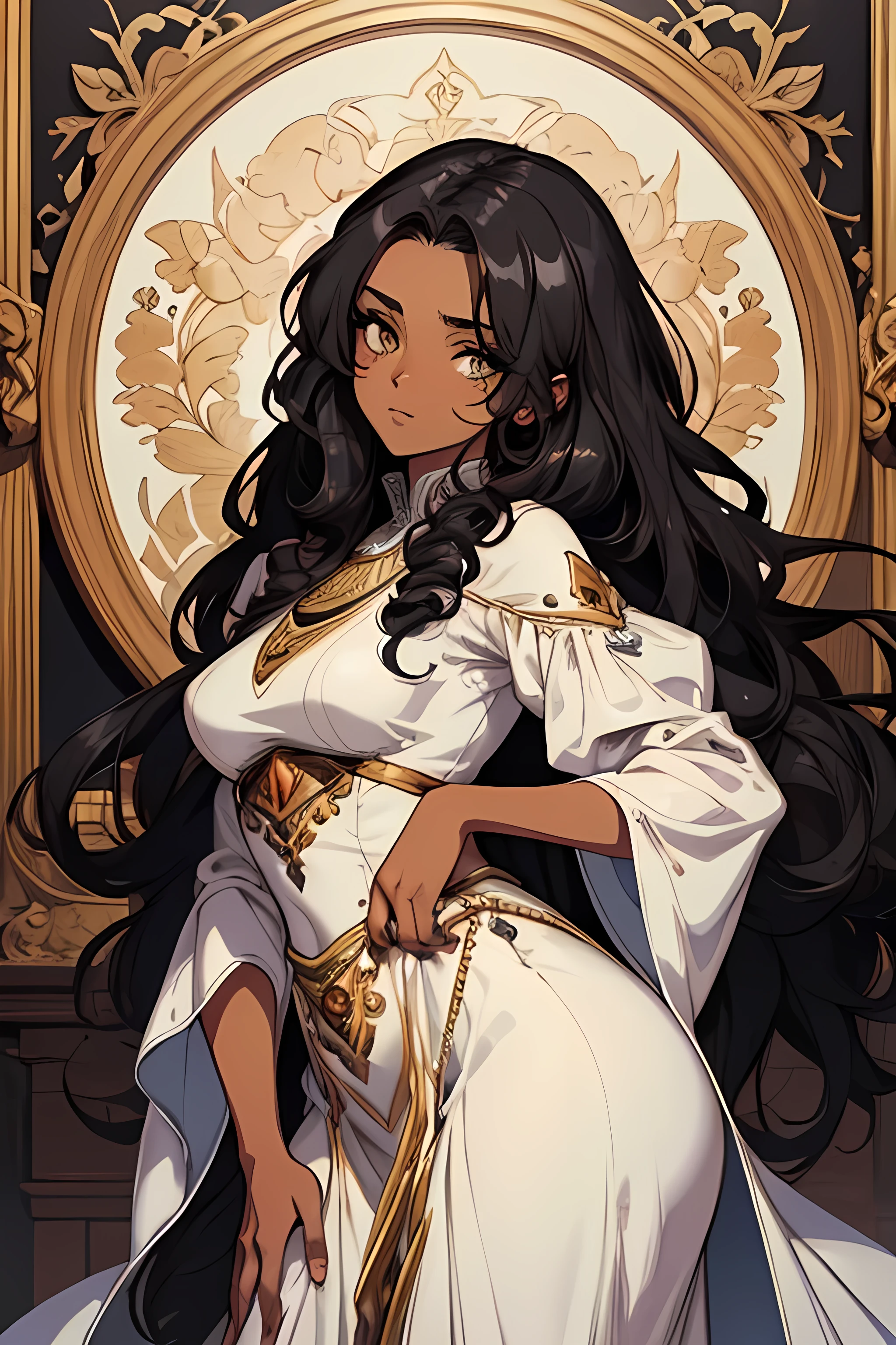 (masterpiece), (digital anime art), (perfect anime art), Egyptian consort; dark brown skin; high cheek bones; round face; 5 feet 7 inches tall; long, thick, curly black hair that goes down to her lower back; hourglass figure; bright hazel eyes; almond shaped eyes; long and thick eyelashes; regal white dress with flowy sleeves, front facing portrait pose