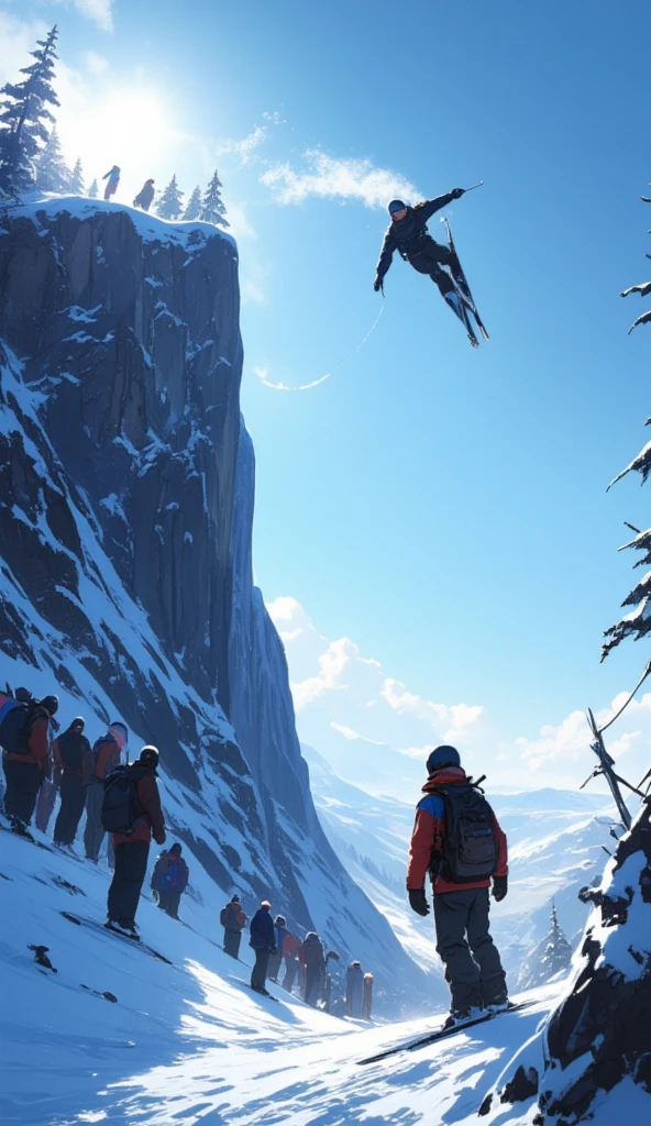 A skier sprints quickly in front of a pack. Behind the leading skier is a pack of other skiers trying to catch up. The leading skier is leaning forward, a posture that makes him sprints faster. He is very close to the viewer where his sweat can be seen. Motion blur, speed lines, and snow particles flying around to capture the intensity of the sprint's motion. The image should capture the speed and intensity of the ski sprint action.