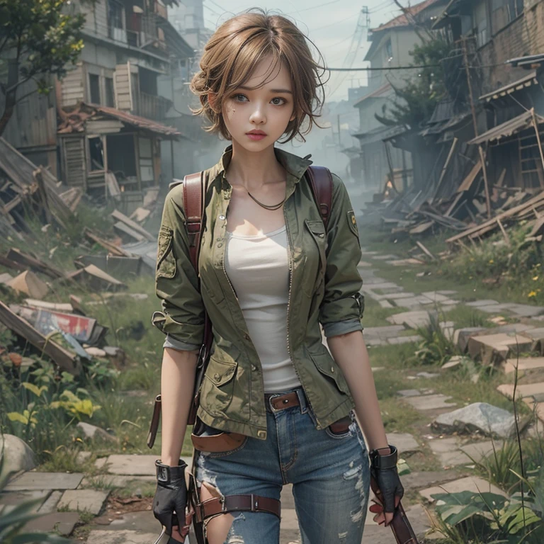 (masterpiece, top quality, 1 girl, Alone) In the ruins of the zombie apocalypse, 美しいアメリカの金髪の十代のBorn存者, ( Half Body Shot, Has Lots of Freckles on Her Face , slim figure, Short, Messy Sidecut Hair , Hazel green eyes), I'm tired but I won'Unyielding, Discover a Secret Sanctuary Village , A ray of hope shining into a hopelessly devastated world . Her Journey , Involving risk and loss, Lead Her to This Hidden Shelter , where safety and the possibility of new beginnings await .. Surrounded by Natural Revival , The sanctuary stands as a green oasis amidst devastated land., Its very existence is a testament to the resilience and tenacity of humankind.. When She Crosses the Line , Her Relief Is Clear ., Her face is、Even in the darkest times, Hope Can Find Her Path to Prosperity . This moment、It captures the essence of hope in the face of adversity.。, Bornき残るための戦いにおいて, The Human Spirit Is Indomitable , 16k, super high resolution . realistic , super high resolution , Born, Sanctuary Village in the Background , perfect face.