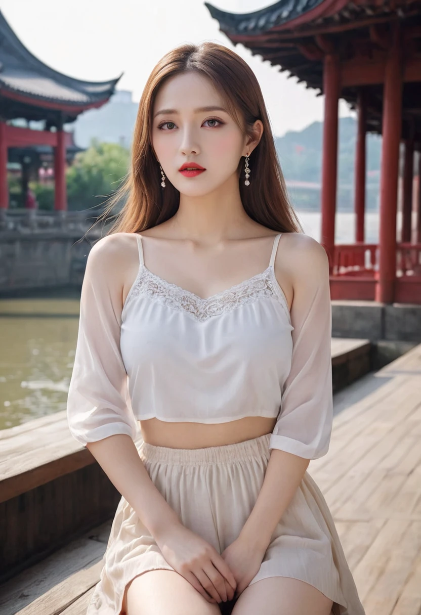 ( top quality: 1.3, masterpiece: 1.3), , ( 1 girl, Alone),  atmospheric perspective ,  detailed face ,  upper body, compensate,  pink lips, Cleft lip, shiny skin, (Blonde),  Super Long Hair , I'm looking in front of the audience, red eyes,  earrings, big breasts,, (White Silk)、 sportswear 、The bra is slightly visible from the shirt、 sitting on a bench、 charming thighs 、  raises one leg below the foot、((((( East Asian architecture , Riverside,  beautiful background))),   Perfect Lighting  , (Front lighting), Physically based rendering,