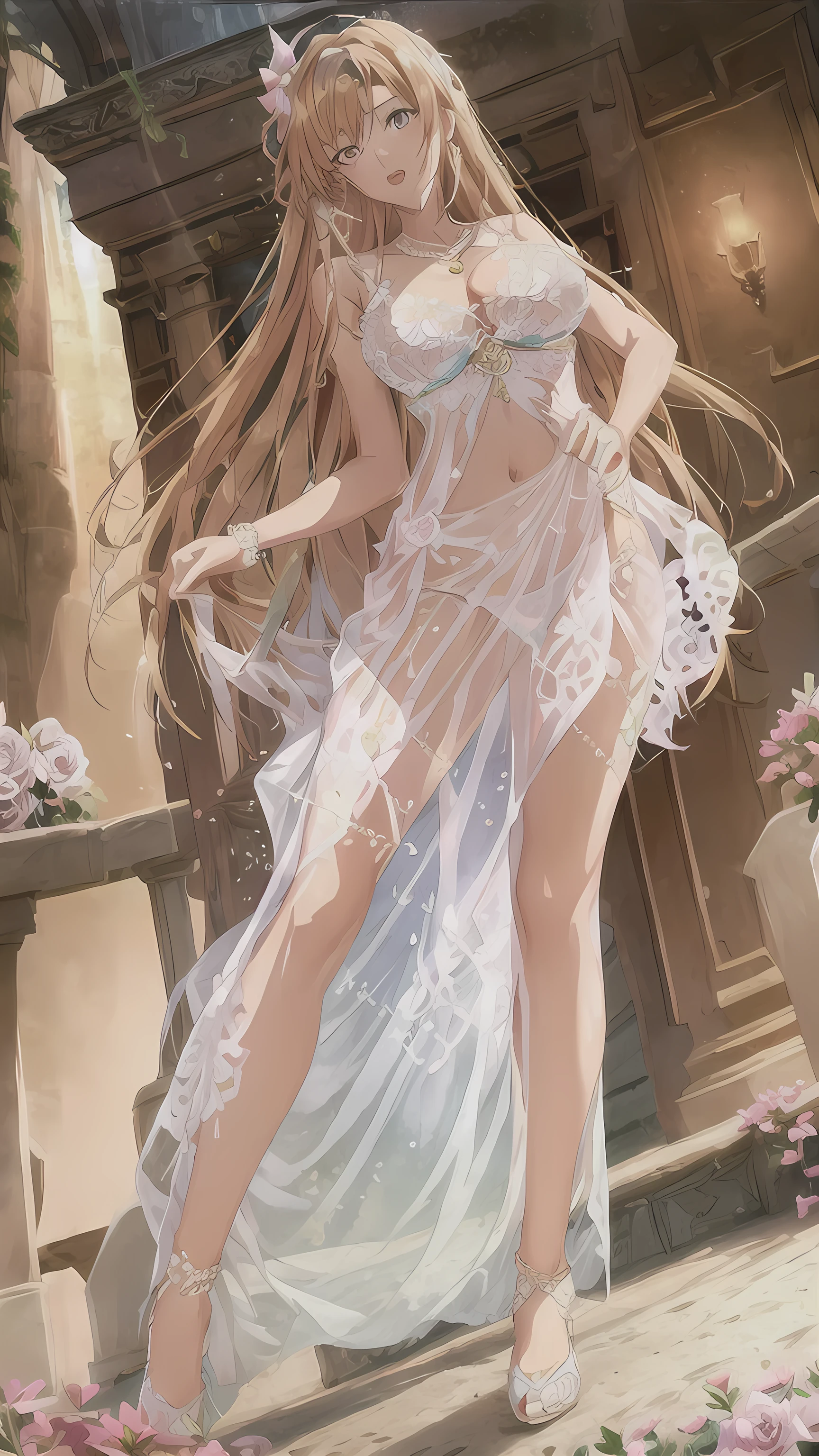 asuna, long_hair, breasts, 1girl, solo, breasts, smile, open mouth, jewelry, flower, earrings, midriff, , necklace, , bracelet, wearing see trough dress, white flower, gem, holding flower, multi-tied hair, (realism), (masterpiece:1.2), (best quality), (ultra detailed), (8k, 4k, intricate),(full-body-shot:1), (85mm),light particles, lighting, (highly detailed:1.2),(detailed face:1.2), (gradients), nsfw, colorful,(detailed eyes:1.2)(detailed background),detailed landscape, (dynamic angle:1.2), (dynamic pose:1.2), (rule of third_composition:1.3), (Line of action:1.2)