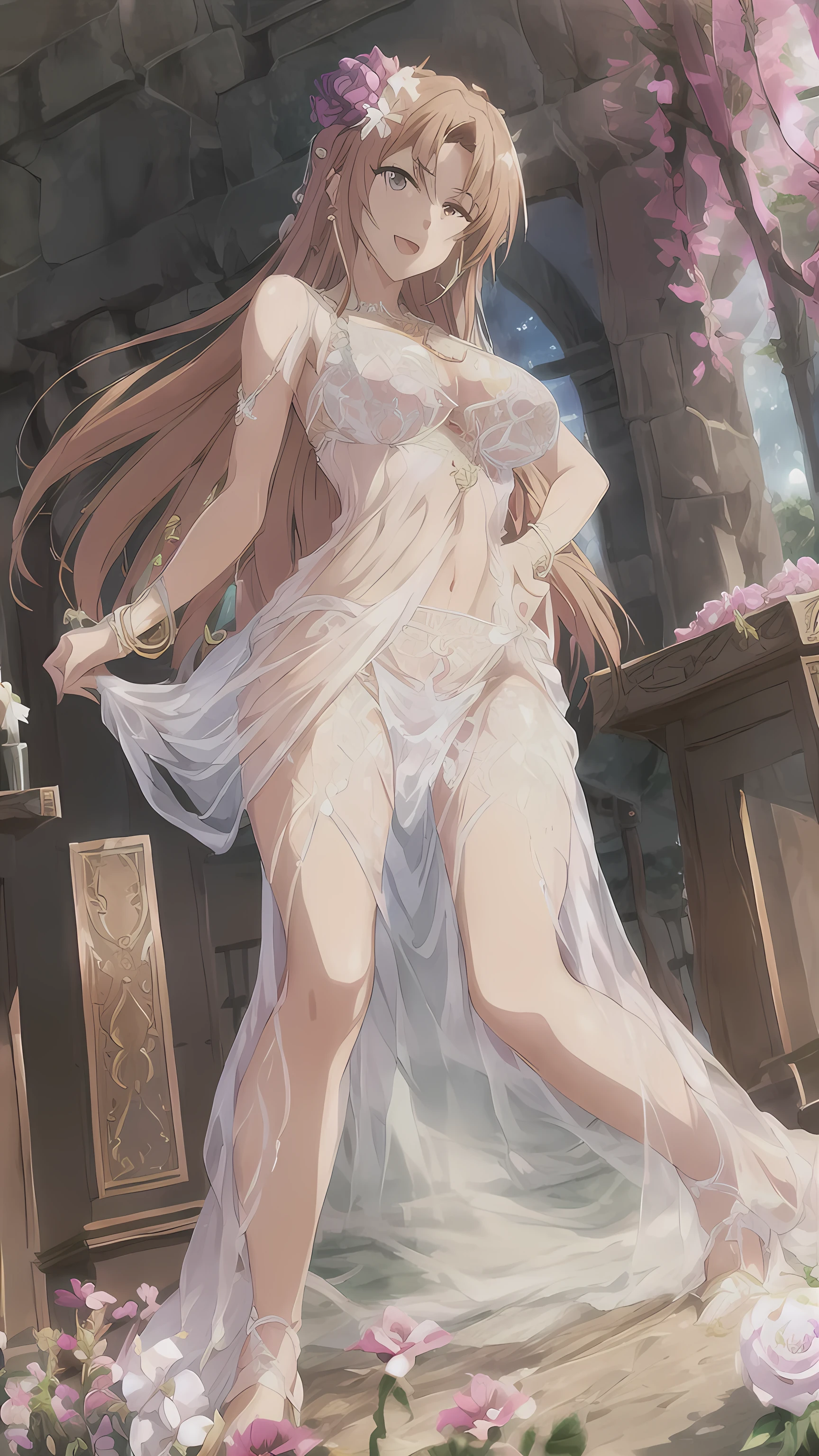 asuna, long_hair, breasts, 1girl, solo, breasts, smile, open mouth, jewelry, flower, earrings, midriff, , necklace, , bracelet, wearing see trough dress, white flower, gem, holding flower, multi-tied hair, (realism), (masterpiece:1.2), (best quality), (ultra detailed), (8k, 4k, intricate),(full-body-shot:1), (85mm),light particles, lighting, (highly detailed:1.2),(detailed face:1.2), (gradients), nsfw, colorful,(detailed eyes:1.2)(detailed background),detailed landscape, (dynamic angle:1.2), (dynamic pose:1.2), (rule of third_composition:1.3), (Line of action:1.2)