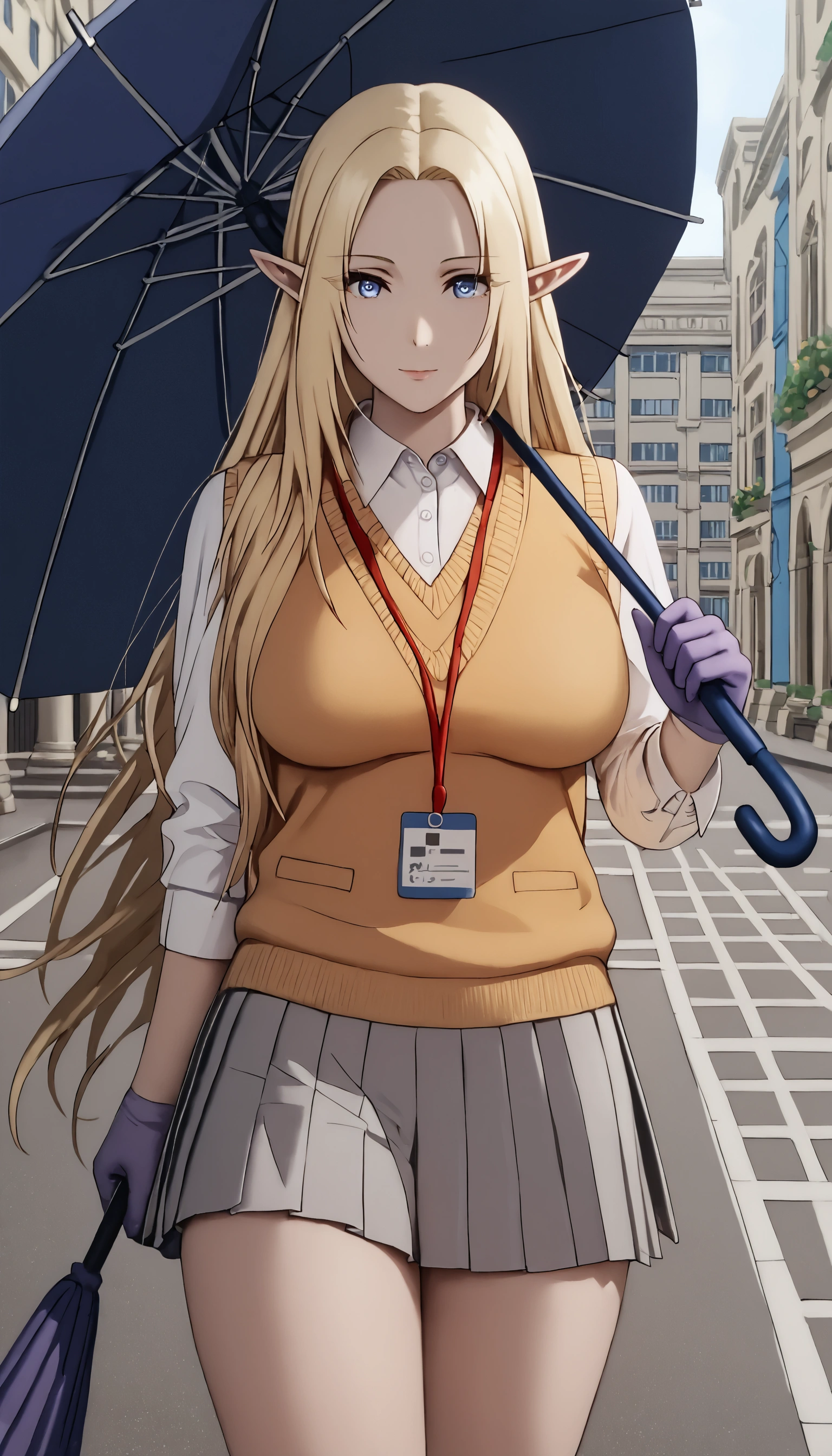 score_8_up, score_6_up, uncensored, alpha, long hair, blue eyes, blonde hair, pointy ears, elf,, BREAK (masterpiece:1.2), best quality, high resolution, (beautiful detailed eyes:1.3), perfect lighting, (perfect hands, perfect anatomy), large breasts, sagging breasts, umbrella, holding umbrella, 1girl, solo, breasts, pantyhose, umbrella, looking at viewer, holding umbrella, thighs, smile, purple gloves, gloves, transparent umbrella, cowboy shot, BREAK ruanyi1019, (collared shirt, grey skirt, pleated skirt, sweater vest, lanyard:1.3),