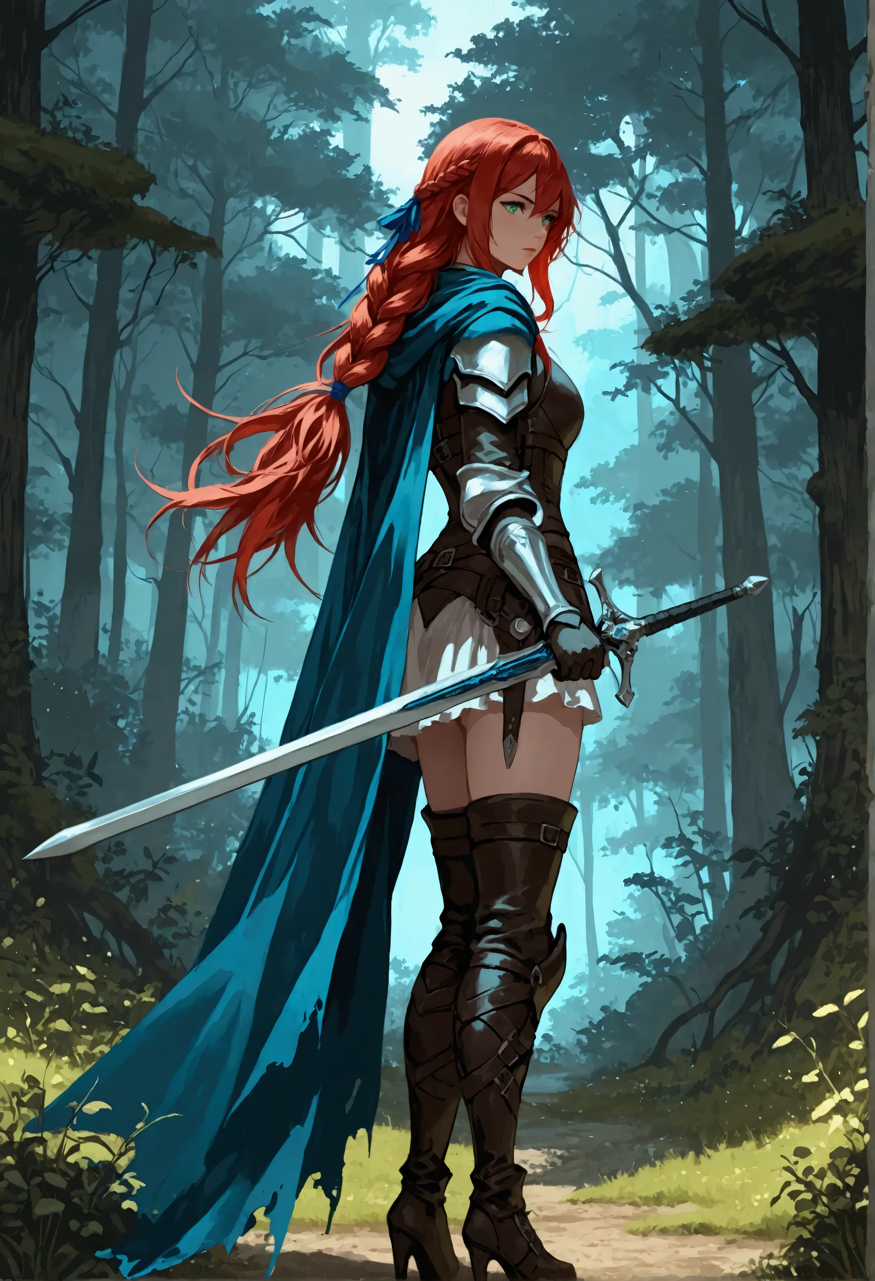 score_9, score_8_up, score_7_up, score_6_up, score_5_up, score_4_up,  fantasy art, RPG art, Dark fantasy art, ultra wide shot, RAW, photorealistic, a portrait picture of female human ranger, the ranger, an exquisite beautiful human woman, long red hair, braided hair, green eyes, wearing leather armor, wearing (blue cloak: 1.1), armed with a (sword: 1.3), wearing high heels  boots, standing in a dark forest at night, (mist rising from the grounds: 1.3), a sense of dread and fear, yet she stands defiant and fearless, dark fantasy forest background, best quality, 16k, [ultra detailed], masterpiece, best quality, (ultra detailed), full body, ultra wide shot, Curved Sword Slash, 