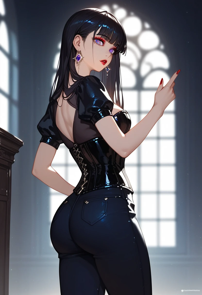 Striped hair, french braid, mismatched pupils, Chiaroscuro, back lit lighting, Gothic art, 16k, Best quality, Anatomically correct, High details，lewd nun，Leather bandages，Metal chains，huge tit，(Cocked buttocks)