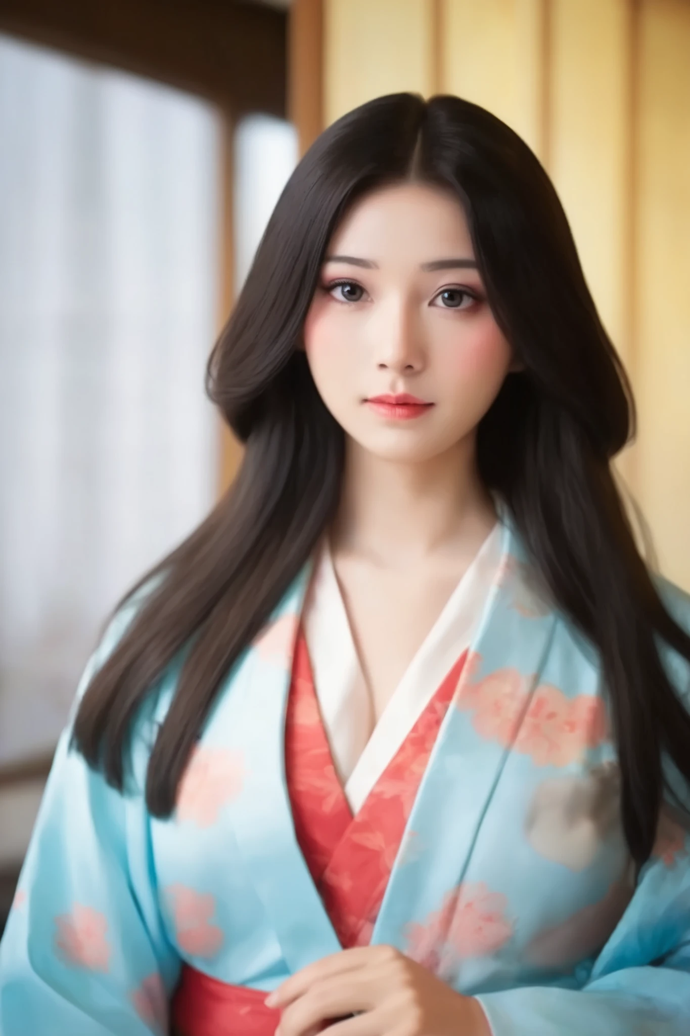   beautiful woman、Old-fashioned Japanese-style room in the morning 、   upper body only、The light in your eyes、 curly eyes  、Two-dimensional elements  、Glamorous face 、 fun face、  black wave long hair 、  big eyes、  low angle、 Big Breasts 、Wear a light blue kimono、  Beautiful breasts 、 attractive breasts、 open chest 、 Apply red makeup around the eyes