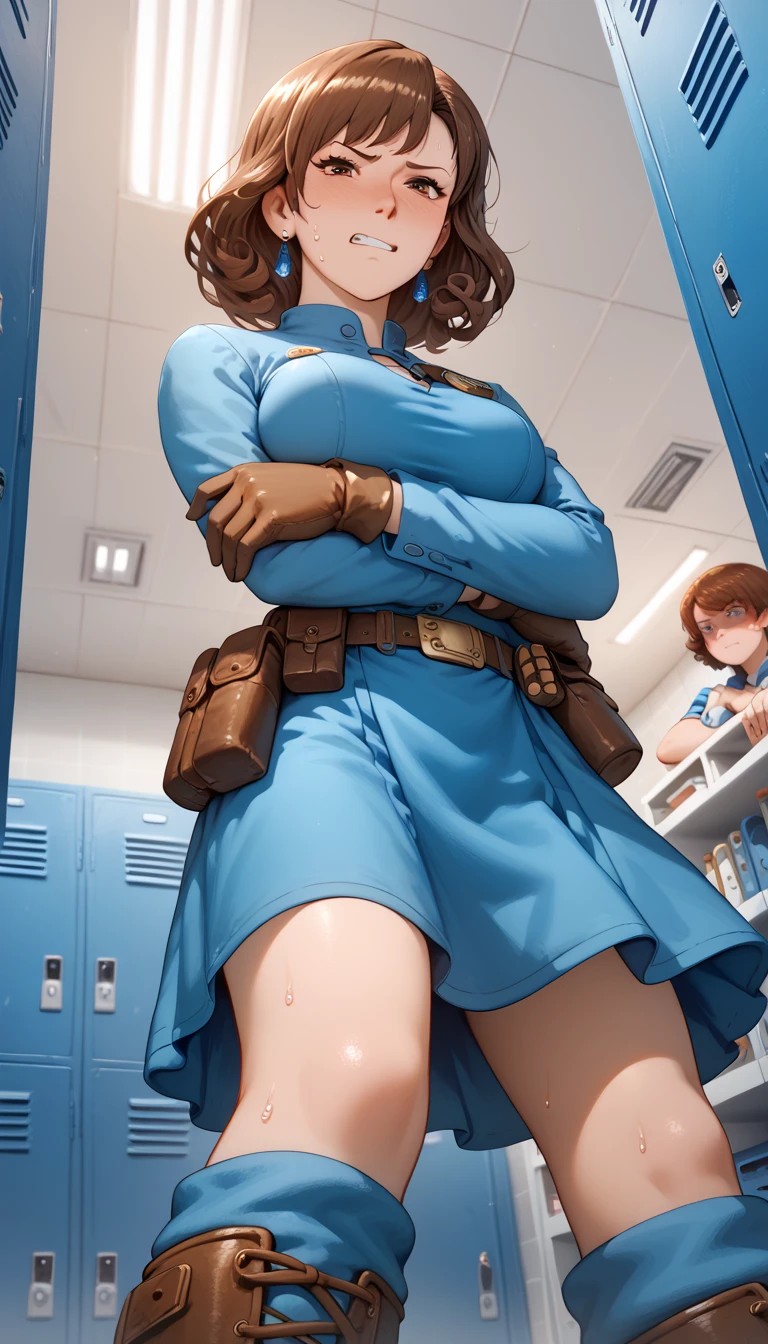 VWNausicaa,1girl,brown hair,medium hair,brown eyes, breasts,
Nausicaa,1girl,brown hair,medium hair,brown eyes, breasts,
earrings,
blue dress,chest bullet holder,long_sleeves, belt,
blue gloves,
blue leg warmer,knee boots,
pouch,scabbard,,(standing:1.2)  4K masterpiece top quality high definition:  super resolution super detailed,  adult woman (narrowed eyes:1.0)(arm under breasts:1.3) (withdrawn face:1.2) (clenched teeth:1.0) (wavy mouth:1.0) (disgust:1.0) (troubled eyebrows:1.0) throw　(straight-on:1.0) (facing viewer:1.0)　(looking at viewer:1.2)(1girl) ,(worm view:1.3),nose blush (embarrassed,blush:1.0) (sweat:1.0)　(feeling weak:1.0) locker room