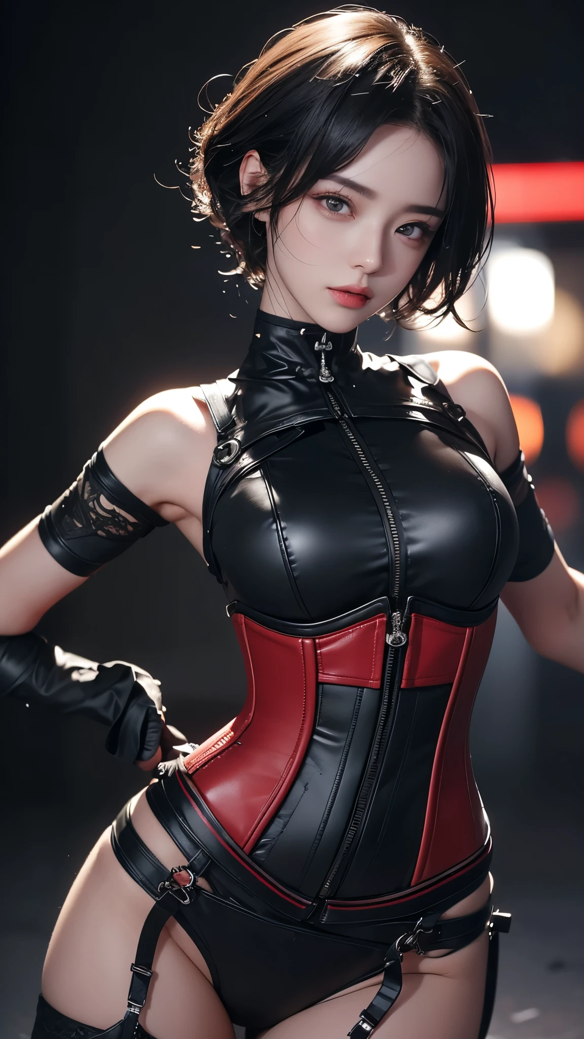 masterpiece, Highest quality, Very detailed, To the camera, Very detailed, Realistic, Sharp features, Very detailed, Sharp focus, Perfect Face, Perfect Face, Perfect symmetry and perfect eyes, Perfect Plump Lips, Flexible female form, cinematic, Film Light, Very detailedな, hyper Realistic, masterpiece, Atmospheric, High resolution, Vibrant, Dynamic Studio Lighting, ((Dark Background)), The facial expression when feeling happy, handcuffs, BDSM, slave, Rubber, Red Corset, (赤いfirst round), ((Highest quality, 8k, masterpiece: 1.3)), Sharp focus: 1.2, Beautiful woman with perfect figure: 1.4, Slim abs: 1.2, Wet body: 1.5, Very detailed face and skin texture, Detailed eyes, double eyelid, Very short hair,((SM lady)),((m嬢)),handcuffs,first round,Red and black outfit