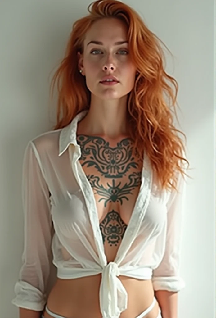 A  tiny skinny young lady with long wavy bright red hair with long bangs naked on a leather couch, slender face, extremely detailed, hyperrealistic, 8k, photo-realistic, studio lighting, beautiful detailed eyes, beautiful detailed lips, extremely detailed face, long eyelashes, sensual, erotic, provocative, adult content, tiny, skinny, , flat chest, cover in tattoos, lots of leg tattoos, leg tattoos, legs covered in tattoos