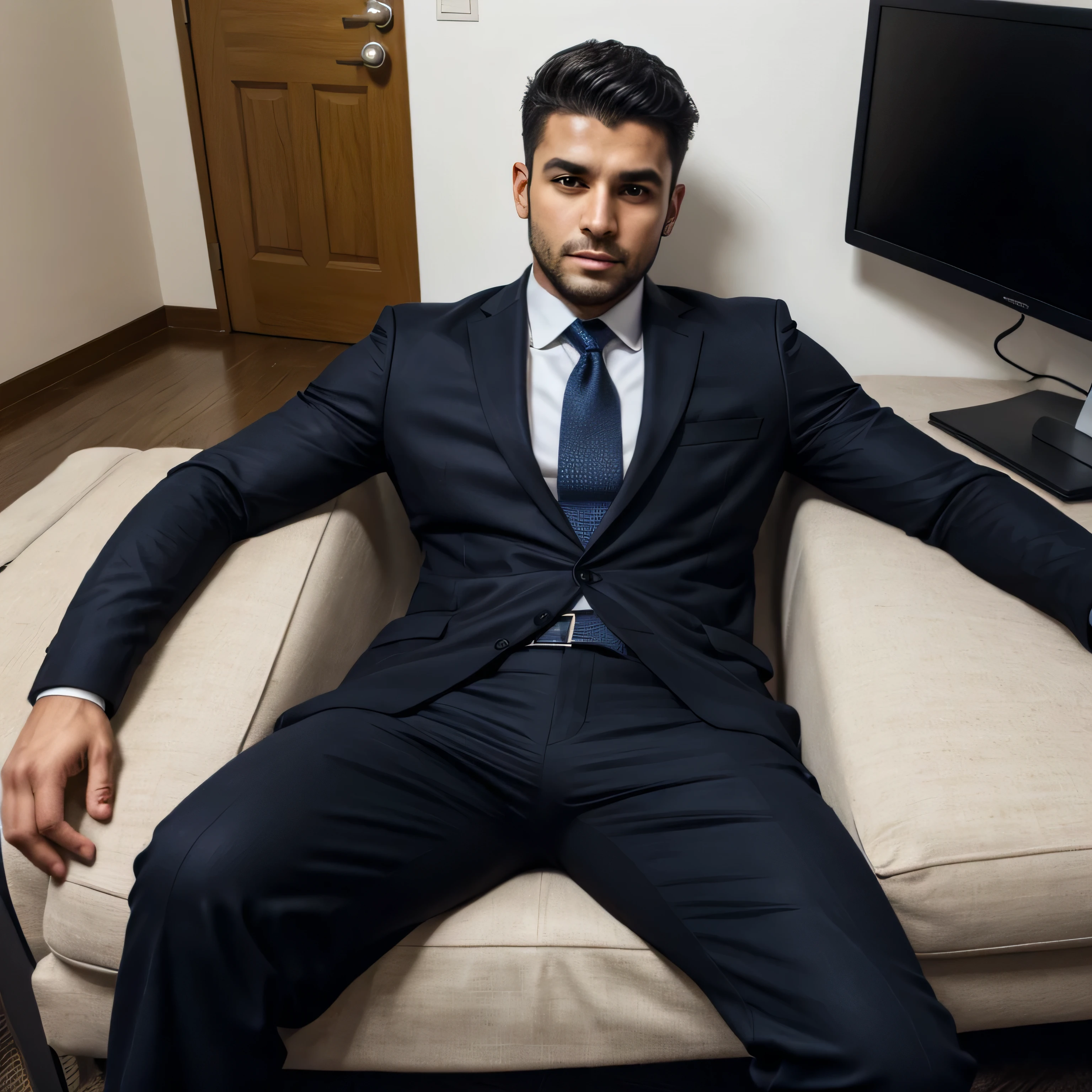 A handsome and sexy indian man wearing a casual white short and blue suit,and formal pant, , he has gorgeous face,and stylish black hair, and short beard, he is sitting in a cafe, homoerotic, nsfw ,open legs, alluring pose,penis