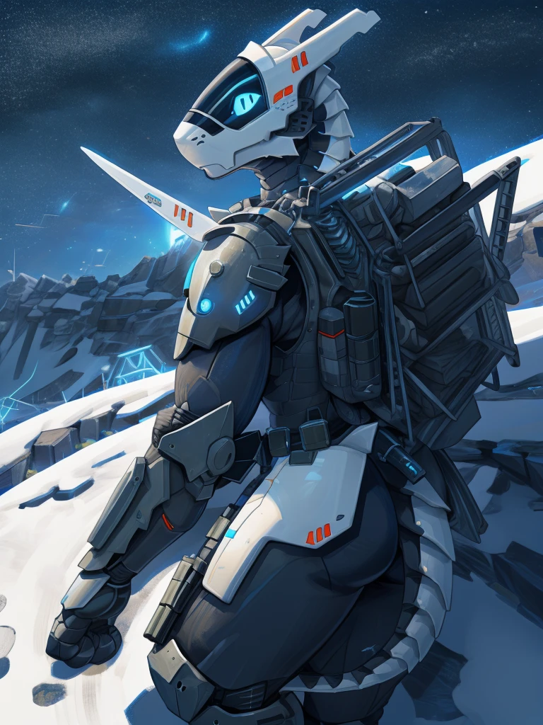 (Synth: 1.2), (White color only: 1.2), (Wearing Futuristic Armor and Tactical Gear with Shoulder Armor: 1.2), (Night: 1.2)