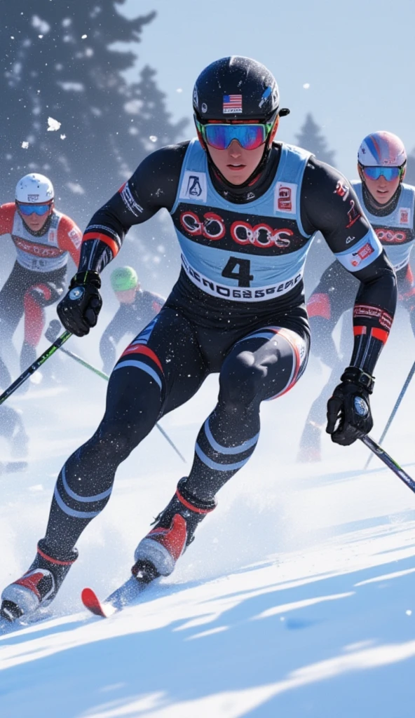 A skier sprints quickly in front of a pack. Behind the leading skier is a pack of other skiers trying to catch up. The leading skier is leaning forward, a posture that makes him sprints faster. He is very close to the viewer where his sweat can be seen. Motion blur, speed lines, and snow particles flying around to capture the intensity of the sprint's motion. The image should capture the speed and intensity of the ski sprint action.