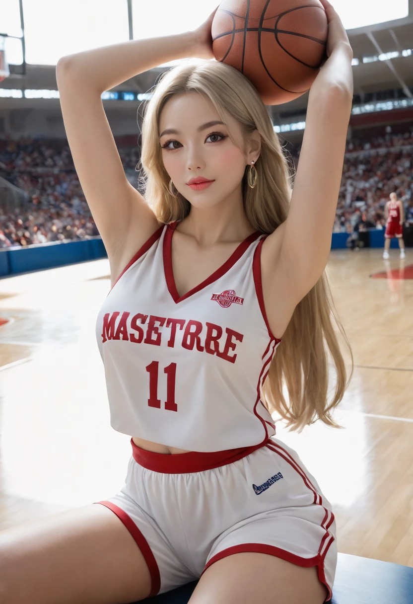 ( top quality: 1.3, masterpiece: 1.3), , ( 1 girl, Alone),  atmospheric perspective ,  detailed face ,  upper body, compensate,  pink lips, Cleft lip, shiny skin, (Blonde),  Super Long Hair , I'm looking in front of the audience, red eyes,  earrings, big breasts,, (White Silk)、((Basketball uniform))、 sportswear 、 stretch your arms upward、(The bra is slightly visible from the armpit)、 sitting on a bench、 charming thighs 、  raises one leg below the foot、((((( East Asian architecture , Riverside,  beautiful background))),   Perfect Lighting  , (Front lighting), Physically based rendering,