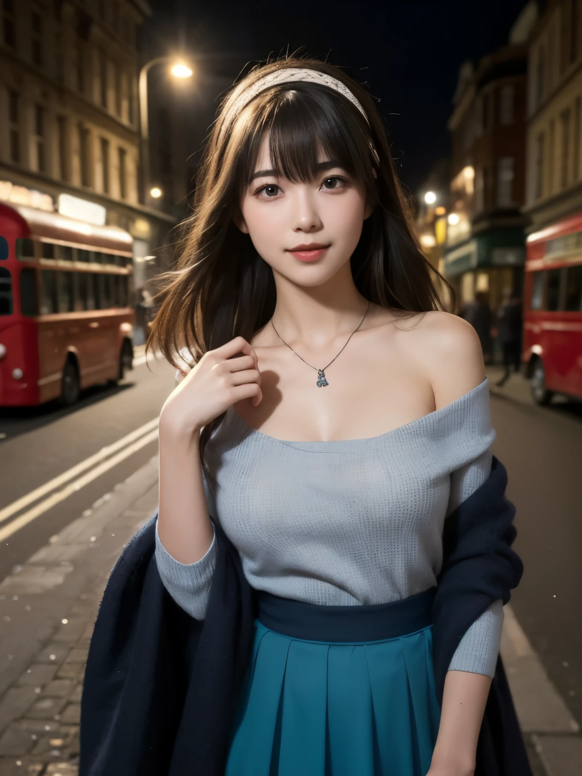 1girl, solo, teenager, Slender Body, (largre Breasts), (pointy breasts:1.5), Low Height, (cute Japanese girl), smile, Looking at camera, 
break
upper body, Seductive pose,
break,
Professional photo-realistic images, (8k, RAW photo, best quality, masterpiece:1.2), (realistic, photo-realistic:1.4), (extremely detailed 8k wallpaper), sharp focus, depth of field, blur background, bokeh, cinematic lighting, soft light,
break
aafumika, idolmaster, long hair, hairband, collarbone, necklace, blue sweater, blue shawl, brown skirt
break
Baker Street at night, 19th century England,
wrought iron fence surrounding entrance to sherlock holmes museum, sherlock holmes, victorian london, 19 th century london, london, sickening, 1901, 1901, abcdefghijklmnopqrstuvwxyz, 1910, 1910, portrait of sherlock holmes, 1904, by Stephen Bone, a horse-drawn carriage is running on the road,