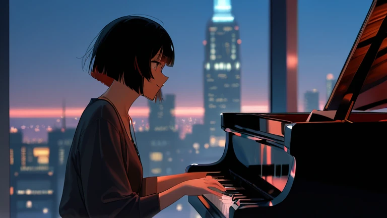 A dark-haired bob-cut woman is euphoric playing the piano in a fantastic space with a night view of a skyscraper