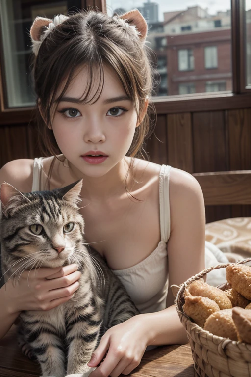 highest quality, Perfect Face, Complex, Beautiful views, Ultra-realistic 8K CG,Perfect artwork, (Ultra-high resolution:1.0), 8k, RAW Photos, (masterpiece:1.2), Girls waiting for food with cats, It seems like he can&#39;t wait any longer for dinner.