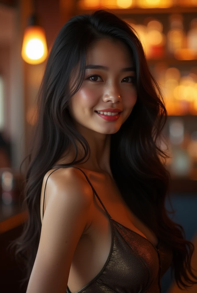 Photorealistic, full body image, sexy (nude:1.3) Tower13_Singa beauty, slanted Asian eyes, (flat_chested:1.55), she has long straight black hair, bright hazel eyes, wearing nothing, in front of a (tiki bar) night club, slim oval face, pleasant smile, gold hoop earrings, looking at viewer, Captured with professional fuji medium format camera, 64k, ultra-detailed, ultra-accurate detailed, bokeh lighting, thighs, hourglass_figure