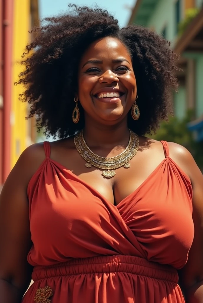Create a real photograph, of a full-bodied woman, in a green dress with sleeves, covering her breasts, with arms up, celebrating your success, happy, happy in life