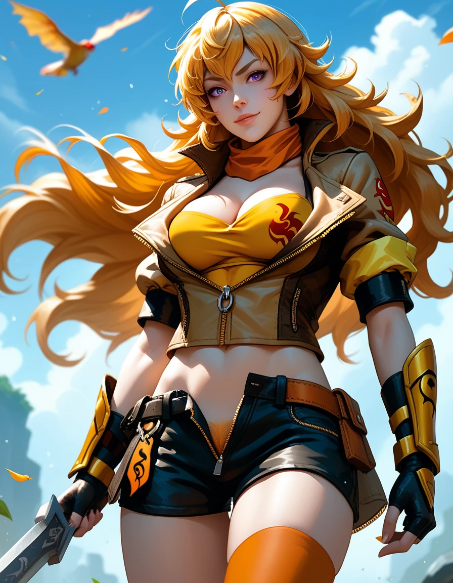 (Yang Xiao Long) from "RWBY", rwbyyangs1, brown jacket, short sleeves, vambraces, black gloves, fingerless gloves, (unzipped black shorts:1.42), (yellow pubic hair peeks out), orange thighhighs, single thighhigh, orange scarf, midriff, cleavage 