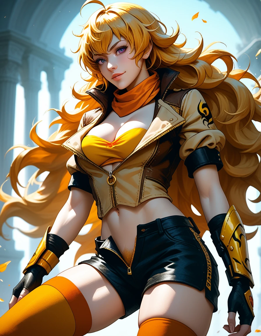 (Yang Xiao Long) from "RWBY", rwbyyangs1, brown jacket, short sleeves, vambraces, black gloves, fingerless gloves, (unzipped black shorts:1.42), (yellow pubic hair peeks out), orange thighhighs, single thighhigh, orange scarf, midriff, cleavage 