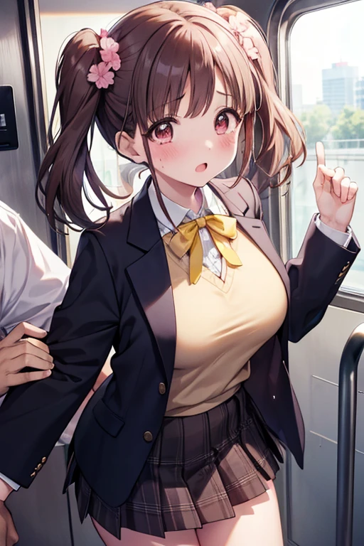 (1 girl)++, (masterpiece)+++, (best quality)+++, (ultra cute kawaii)+++, love live!, anime colored, loli, tears, (steam)+++ , be molested ,feigned ignorance, wearing blazer whiteshirt ,checked skirt , (turn up a shirt), misaligned bra ,arched back, crowded train, dynamic pose, Dynamic hand movements, (breast grab)+++, man's arm grabbing a girl's tits, (frying hands), (floating hands), (grabbing from behind),
masterpiece,  top quality,  high definition , 8k, ( super detailed eyes:1.1),  twin tails, 
 neck ribbon, Yellow ribbon ,  colored shirt ,  sweater vest,  blazer,  black jacket , Open the clothes,  Long Sleeve ,  plaid skirt ,  brown skirt,  outdoor, cherry blossoms, 
 shy face、 surprised face, punch、 white panties、 white pantiesが見えている、A little bit of her butt is showing、 punch、Chiyoko Sonoda、 The Idolmaster