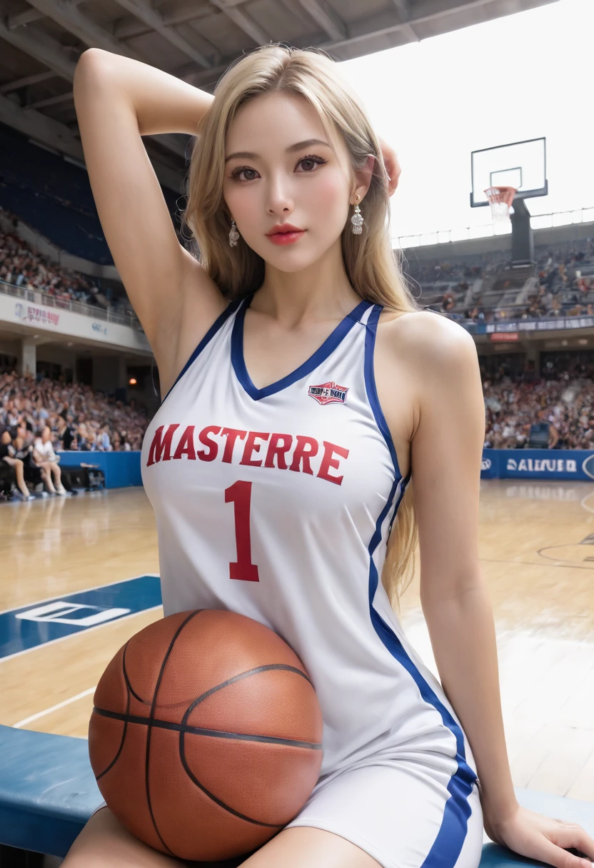 ( top quality: 1.3, masterpiece: 1.3), , ( 1 girl, Alone),  atmospheric perspective ,  detailed face ,  upper body, compensate,  pink lips, Cleft lip, shiny skin, (Blonde),  Super Long Hair , I'm looking in front of the audience, red eyes,  earrings, big breasts,, (White Silk)、((Basketball uniform))、over sportswear、 stretch your arms upward、(The bra is slightly visible from the armpit)、Sideboob、 sitting on a bench、 charming thighs 、  raises one leg below the foot、((((( East Asian architecture , Riverside,  beautiful background))),   Perfect Lighting  , (Front lighting), Physically based rendering,