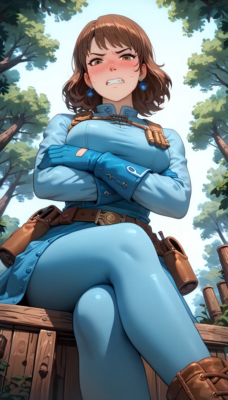 Nausicaa,1girl,brown hair,　medium hair,　brown eyes, breasts, Nausicaa,1girl,brown hair,　medium hair,　brown eyes, breasts, earrings, blue dress,　chest bullet holder　,long_　sleeves, belt, blue gloves, blue leg warmer　,knee boots, pouch,　scabbard,,(crossed legs:1.2)  4K masterpiece top quality high definition:  super resolution super detailed, (narrowed eyes:1.0)(arm under breasts:1.3) (withdrawn face:1.2) (clenched teeth:1.3) (wavy mouth:1.0) (disgust:1.0) (troubled eyebrows:1.2) throw　(straight-on:1.5) (facing viewer:1.5)　(looking at viewer:1.5)(1girl) ,(worm view:1.3),nose blush (embarrassed,blush:1.3) (sweat:1.0)　(feeling weak:1.2) forest