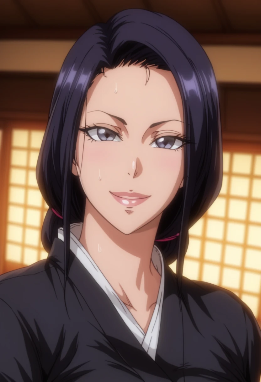 Look up、 Black Kimono、( mature woman :1.4)、Poisonous woman 、50 years old、Captivating smile、 black hair、 up hair 、Married women、 de emphasizing trust 、Japanese-style room  Bleach、bleach thousand -year blood war、gotai 13、bleach anime、