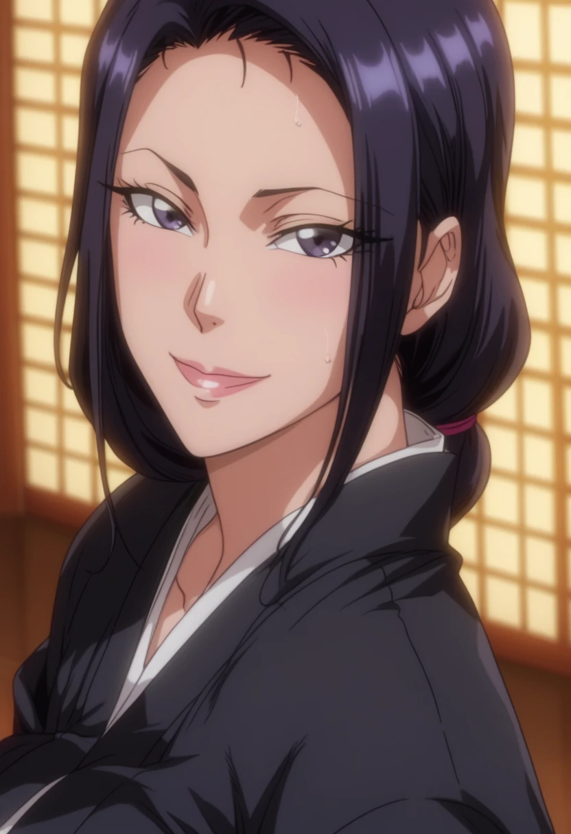 Look up、 Black Kimono、( mature woman :1.4)、Poisonous woman 、50 years old、Captivating smile、 black hair、 up hair 、Married women、 de emphasizing trust 、Japanese-style room  Bleach、bleach thousand -year blood war、gotai 13、bleach anime、