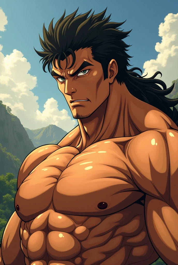 Conan Exiles Style, standing front, ((((FRONT))))) shirtless, topless, (((HANSOME))) young bodybuilder warrior (16 years old) (young face) ready to fight, top rated pixiv, shirtless, 160 kgs, front view, even shoulders, perfect massive muscles, inflated muscles, massive muscular body, a huge gigantic chest with a narrow waist, huge shoulders, ridiculously well-shaped large pecs, eight chiseled abs, arms thick as trunks and formidable thighs. (very toned, massive and huge) his ridiculously broad shoulders, absurdly wide back and indecently muscular back of arms and let's not forget his thick defined thighs. A muscular bull in the making. A potential competitive pro-bodybuilder. Mexican facial features, dark brown hair, hair moved by the wind, hair in a ponytail with bangs that fall over the forehead and on both sides of the face, white sclera, blue eyes (detailed eyes) big eyes, ((BLUE EYES)) and bull neck, narrow waist, barbarian, brown hair, ponytail hair, white sclera, blue eyes (detailed eyes), d&d character, brave warrior, human, handsome face, young rocky desert behind him, sunny day, rocky desert behind him, skill image, looking to the viewer, few clouds in the sky, breaking the fourth wall, face, breaking the fourth wall.