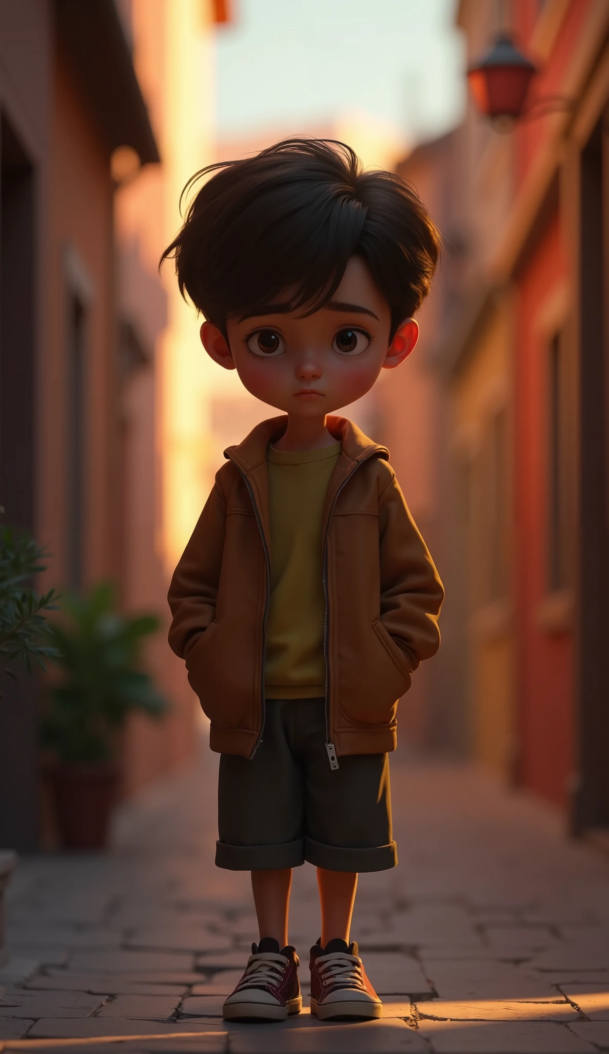 A boy in Pixar Disney style,A  boy with short brown hair, Close-up of a sad young boy with his head down, hands in pockets, walking slowly in a dim street, soft light on his face
Lighting: Soft ambient lighting, warm undertones