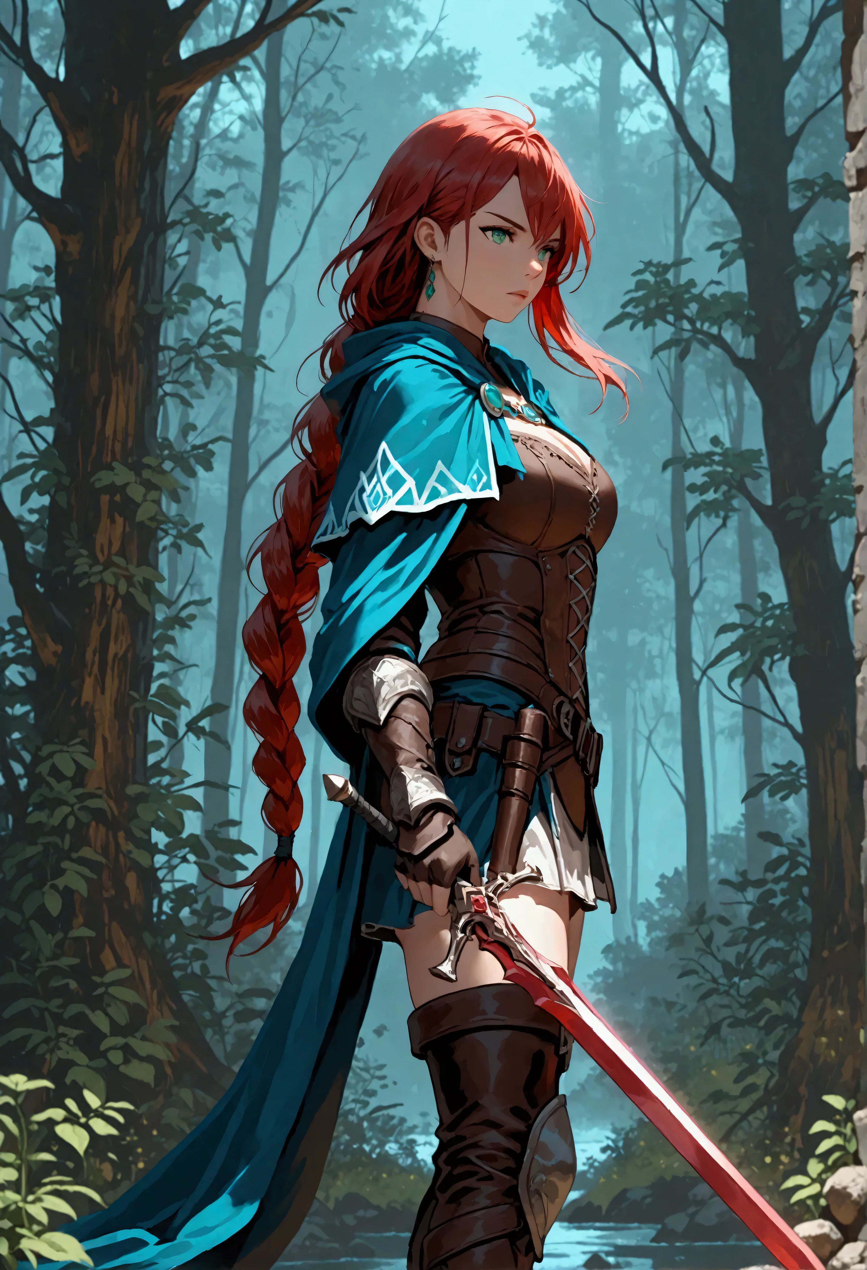 score_9, score_8_up, score_7_up, score_6_up, score_5_up, score_4_up,  fantasy art, RPG art, Dark fantasy art, ultra wide shot, RAW, photorealistic, a portrait picture of female human ranger, the ranger, an exquisite beautiful human woman, long red hair, braided hair, green eyes, wearing leather armor, wearing (blue cloak: 1.1), armed with a (sword: 1.3), wearing high heels  boots, standing in a dark forest at night, (mist rising from the grounds: 1.3), a sense of dread and fear, yet she stands defiant and fearless, dark fantasy forest background, best quality, 16k, [ultra detailed], masterpiece, best quality, (ultra detailed), full body, ultra wide shot, Curved Sword Slash, 