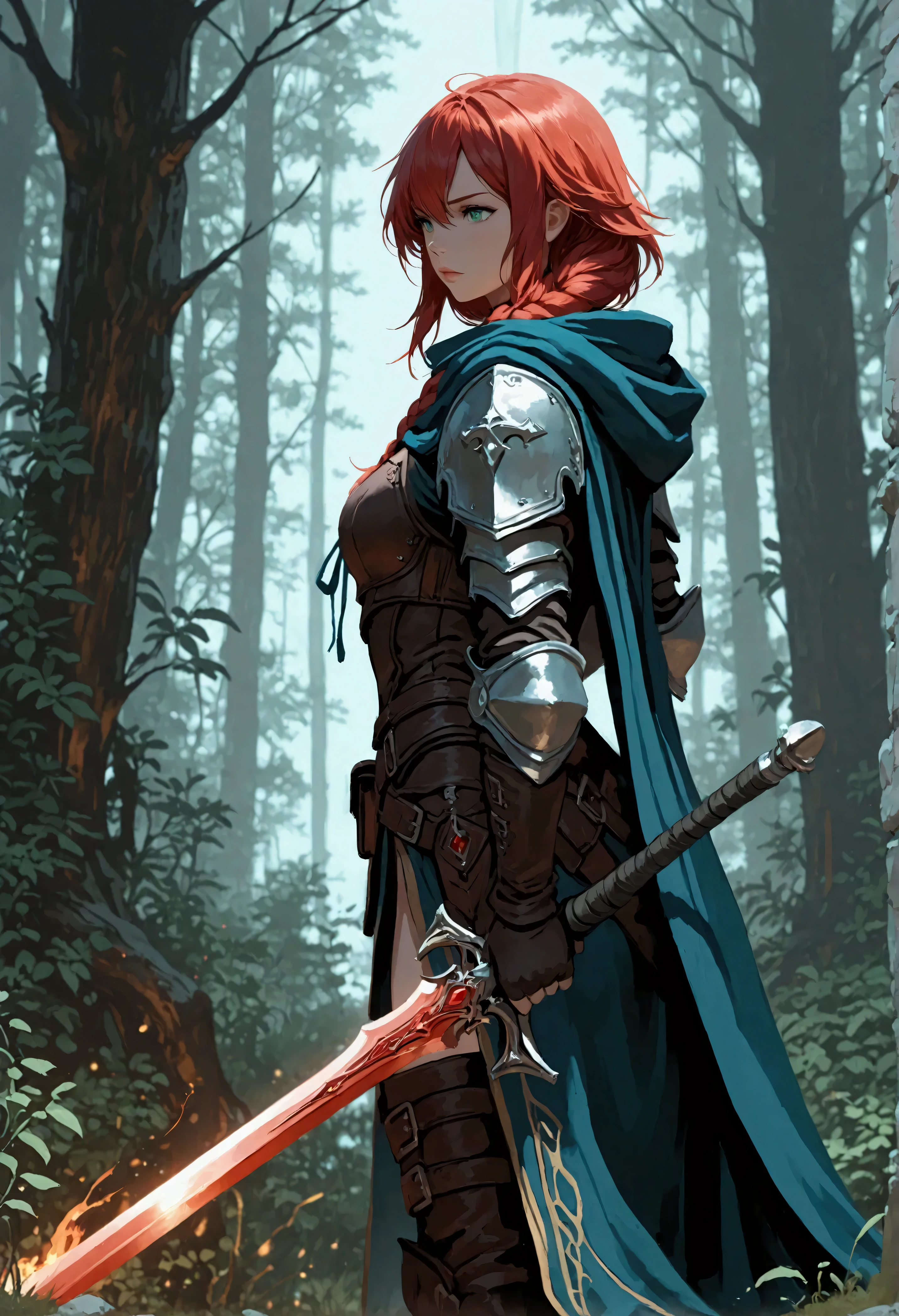 score_9, score_8_up, score_7_up, score_6_up, score_5_up, score_4_up,  fantasy art, RPG art, Dark fantasy art, ultra wide shot, RAW, photorealistic, a portrait picture of female human ranger, the ranger, an exquisite beautiful human woman, long red hair, braided hair, green eyes, wearing leather armor, wearing (blue cloak: 1.1), armed with a (sword: 1.3), wearing high heels  boots, standing in a dark forest at night, (mist rising from the grounds: 1.3), a sense of dread and fear, yet she stands defiant and fearless, dark fantasy forest background, best quality, 16k, [ultra detailed], masterpiece, best quality, (ultra detailed), full body, ultra wide shot, Curved Sword Slash, 