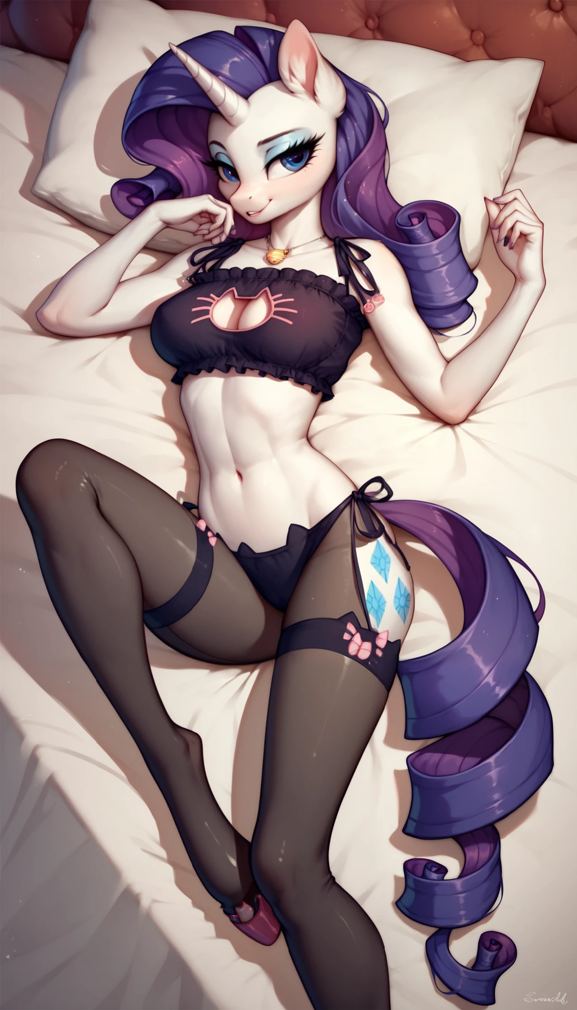 score_9, score_8_up, score_7_up, Rarity, mlp, anthro, 1girl, purple eyes, solo, two curly top hair with hair strands on the side, tight body suit, cat lingerie, sexy outfit, cat stockings, slim breasts, cleavage, jewellery, 1girl, solo, laying on bed, sexy hooves