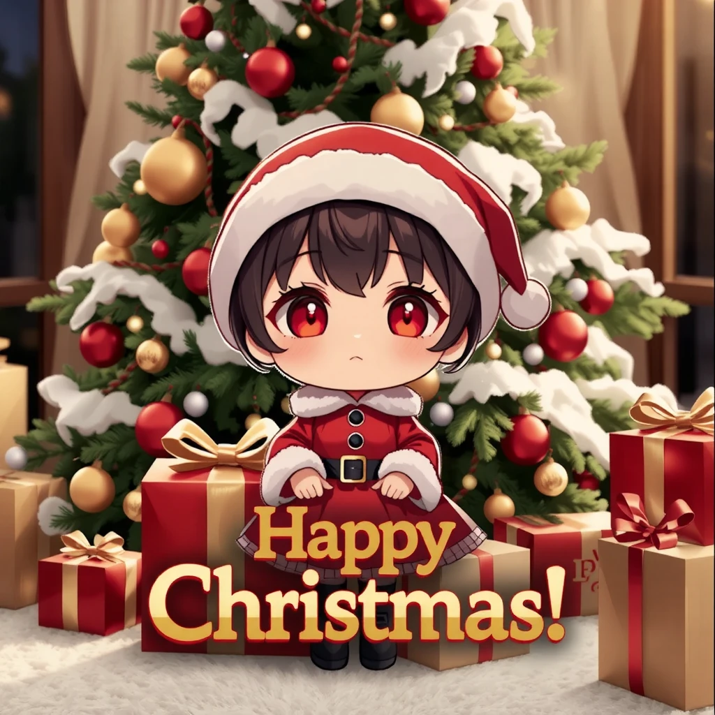 （masterpiece、high quality、High image quality、4K、8k、）、Merry Christmas logo design（gold「Happy Christmas!」 ）、Anime Style、a chibistyle girl  wears  Santa Claus costume and hat、 Presented by Christmas Present 、Deformed Anime 、The simple thick line 、Avatar、 background is Christmas Tree  