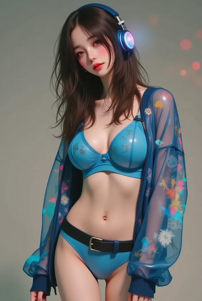 masterpiece, ultra detail, 8k, 1 girl, nostalgic, (dancing girl :1.8), (F cup tits:1.4), ((smile)), ((blue bra:1.8)), ((main color is blue)), nostalgic, shiny skin, droopy eyes, Splashy background with mechanical geometry, big hip, ((Lots of bouncing sounds in the background.)), (((ultra nostalgic:1.8))), ((ultra detail steam punk:1.8)), ((splash oil painting large background, A background expanding above the head)), luminous headphones with intricate electronic designs visible on the sides. The headphones glow with neon colors, casting a soft light on her face. Her jacket is transparent, revealing a complex pattern of neon circuits and digital elements underneath, 