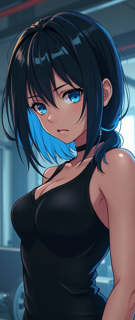 35 years old Japanese tidy lady ((small breast, very slender)), jet-black ponytail((short hair)), ((cyan highlights)),(( much shaggy forelock, blue colors highlights )), BREAK, black crop top, dark gray training sweat pants, running ,tidy and eloquent face, dynamic pose, looking back pose, friendly and beautiful smile, big droopy eyes (( shiny blue eye, shiny pale blue eye, heterochromia)), eyelashes, small mole under left eye, BREAK, tidy and pleasant atmosphere,((face focus))