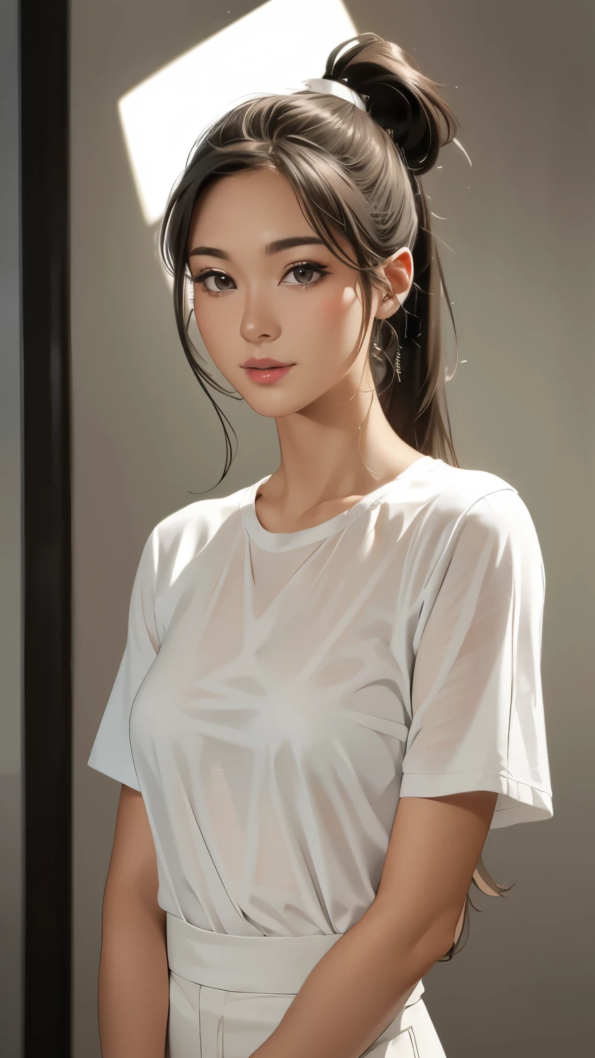 Full body shot,White T-shirt,Half pants,Stand straight ahead,Background is black wall,Body in front,masutepiece, The highest image quality, High quality, the background is clear,Beautiful woman, Japanese, Detailed, Ultra-detailed, finely detail, hight resolution, 8K Wallpaper, Perfect dynamic composition, Beautiful detailed eyes ,Detailed eyes, Detailed skin, Beautiful skin, 超hight resolution, (reality: 1.4),Very beautiful woman, Slightly younger face, Beautiful skin, slender, (Ultra photo realsisim), (hight resolution), (8K), (Very detailed) (beautifully detailed eyes), (super detailed),   (Detailed face), view the viewer, Fine details, Detailed face, Staring straight ahead, Staring straight ahead, photos realistic, Bright lighting, Professional Lighting, Black hair,poneyTail,a ,sixteen ye: ponytail,Long ponytail hairstyle,slight smile,