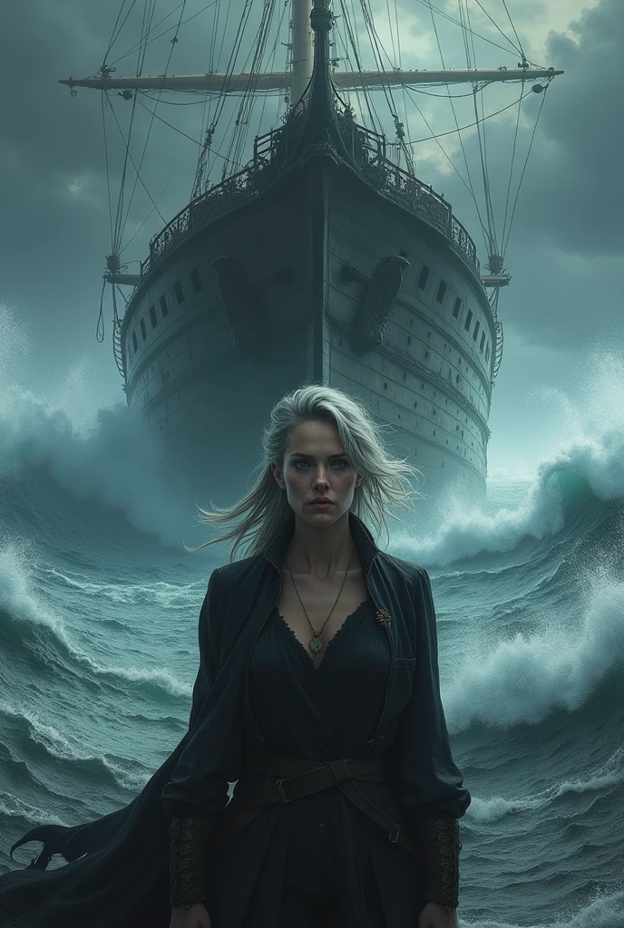 atmosphere of terror,Ocean filled with large dead fish and wrecked and stranded wooden ships, a gigantic hole in the center of the ocean and two rock pillars on each side of the hole...a light-haired woman wearing a WWI officer's uniform with her back looking into the hole