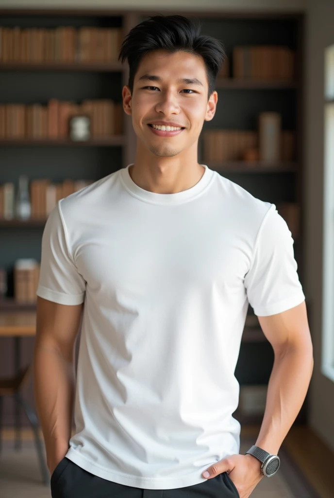 Thai man ,man ,(white t-shirt:1.5) ,Jeans ,He is about 30 years old..,Rough and handsome appearance,large breastsj,Big waistline,buzz cut, angry, sullen, best quality, Masterpiece,(Have muscles:4.5),(best quality,high resolution,Masterpiece:1.2),The eyes are natural and delicate..,1 person,alone,gay asian,muscle,Long legs,brave,short hair details,conjunctivitis ,strong,brown eyes, (standing in the kitchen:1.5),in the market,sitting on the table ,smile