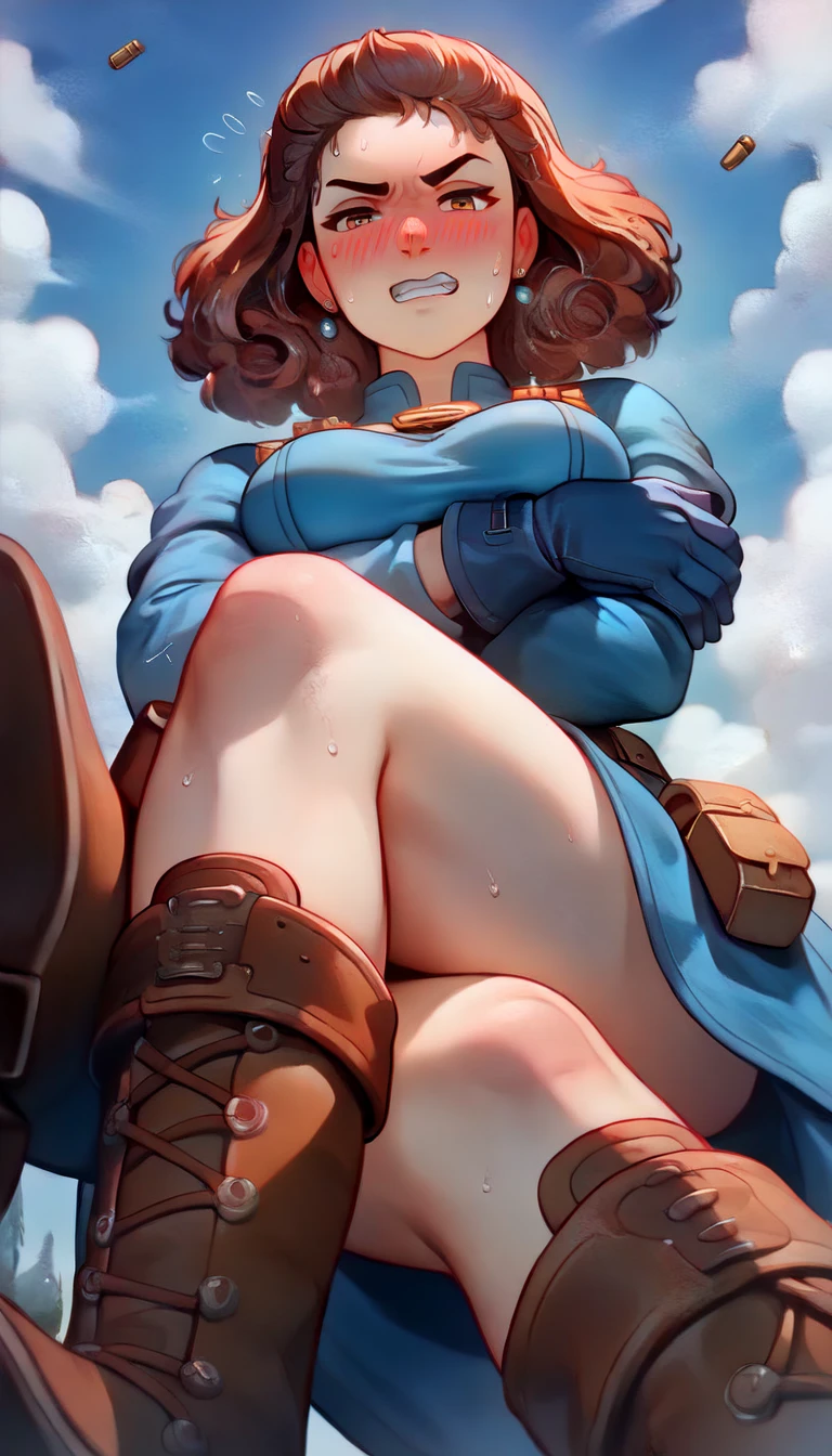 Nausicaa,1girl,brown hair,　medium hair,　brown eyes, breasts, Nausicaa,1girl,brown hair,　medium hair,　brown eyes, breasts, earrings, blue dress,　chest bullet holder　,long_　sleeves, belt, blue gloves, blue leg warmer　,knee boots, pouch,　scabbard　 blue　panties,,(crossed legs:1.2)  4K masterpiece top quality high definition:  super resolution super detailed, (narrowed eyes:1.0)(arm under breasts:1.3) (withdrawn face:1.2) (clenched teeth:1.3) (wavy mouth:1.0) (disgust:1.0) (troubled eyebrows:1.2) throw　(straight-on:1.5) (facing viewer:1.5)　(looking at viewer:1.5)(1girl) ,(worm view:1.3),nose blush (embarrassed,blush:1.3) (sweat:1.0)　(feeling weak:1.2) forest