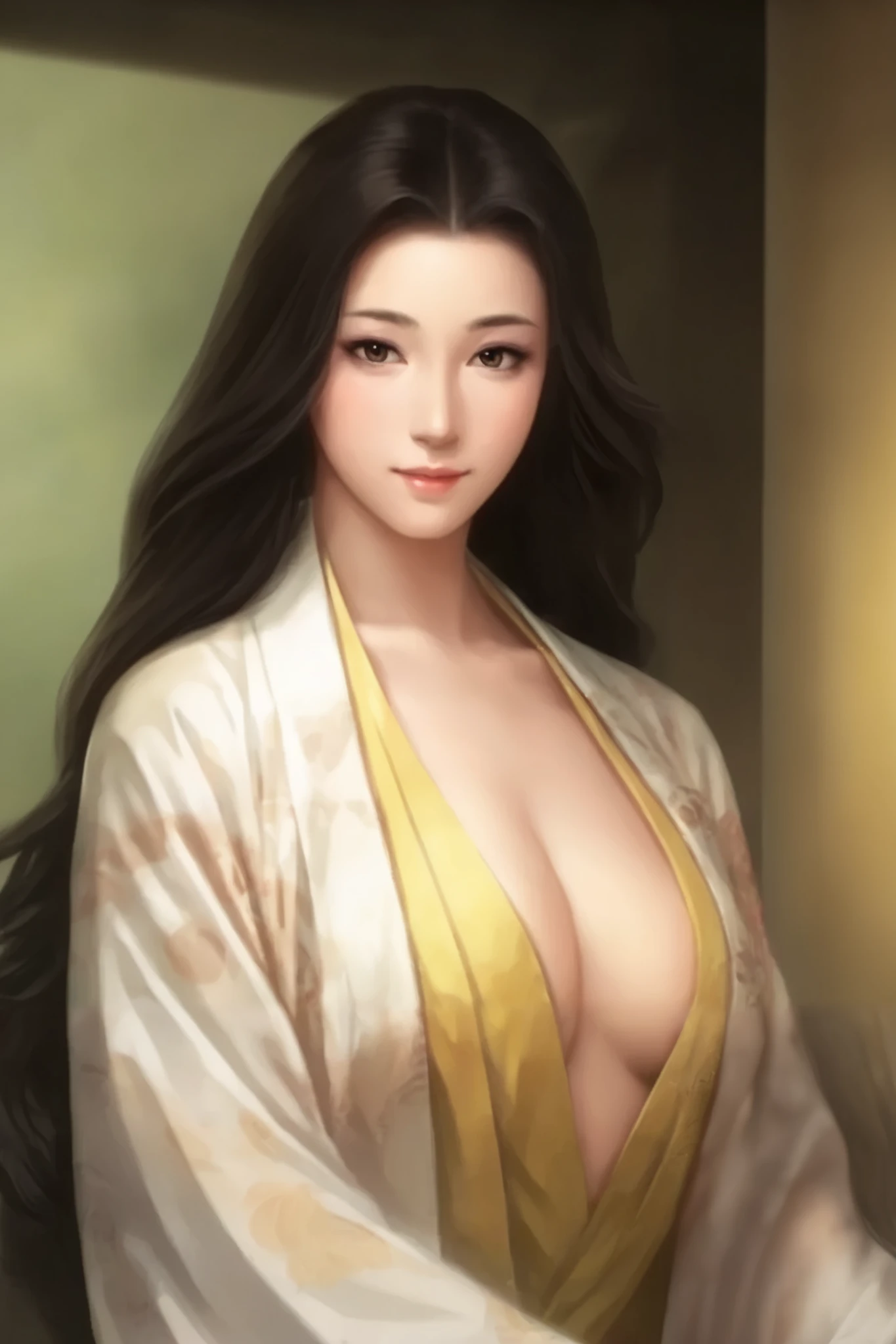   beautiful woman、Old-fashioned Japanese-style room in the morning 、   upper body only、The light in your eyes、 curly eyes  、Two-dimensional elements  、Glamorous face 、 fun face、  black wave long hair 、  big eyes、  low angle、 Big Breasts 、Wear a thin white kimono、  Beautiful breasts 、 attractive breasts、 open chest 